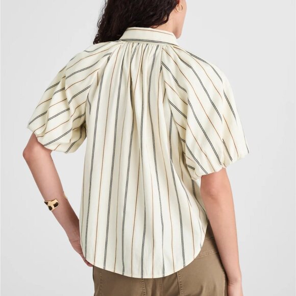 NWT Madewell Sz M Shirred Bubble-Sleeve Button-Up Shirt Poplin Coffee Tan Stripe - Picture 2 of 12